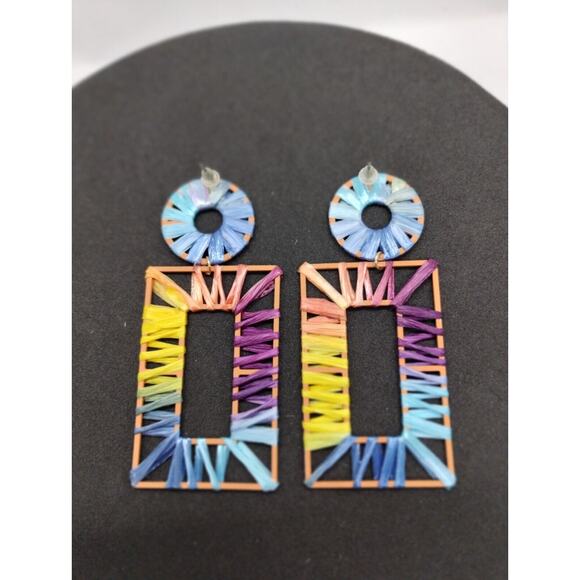 Multicolor Geometric Earrings - Rectangle - Circle - Ribbon Wrapped - Fun Studs - Picture 4 of 4